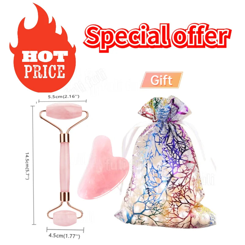 Set Gua Sha y Rodillo Facial — Cuarzo Rosa y Jade Natural con Bolsa de Regalo