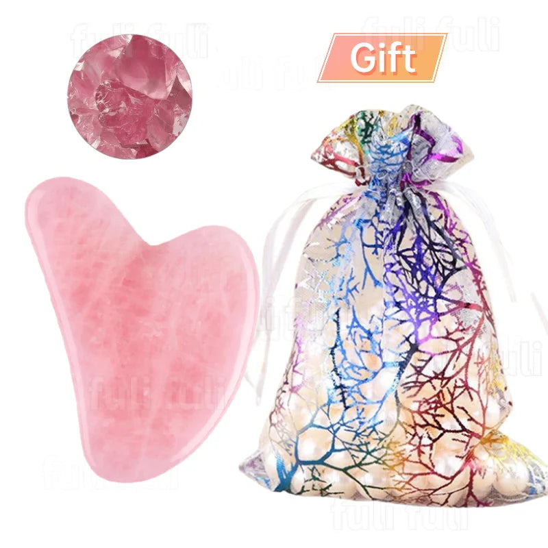 Set Gua Sha y Rodillo Facial — Cuarzo Rosa y Jade Natural con Bolsa de Regalo