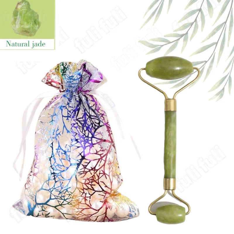 Set Gua Sha y Rodillo Facial — Cuarzo Rosa y Jade Natural con Bolsa de Regalo