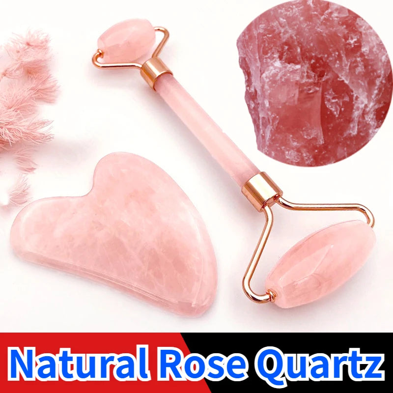 Set Gua Sha y Rodillo Facial — Cuarzo Rosa y Jade Natural con Bolsa de Regalo