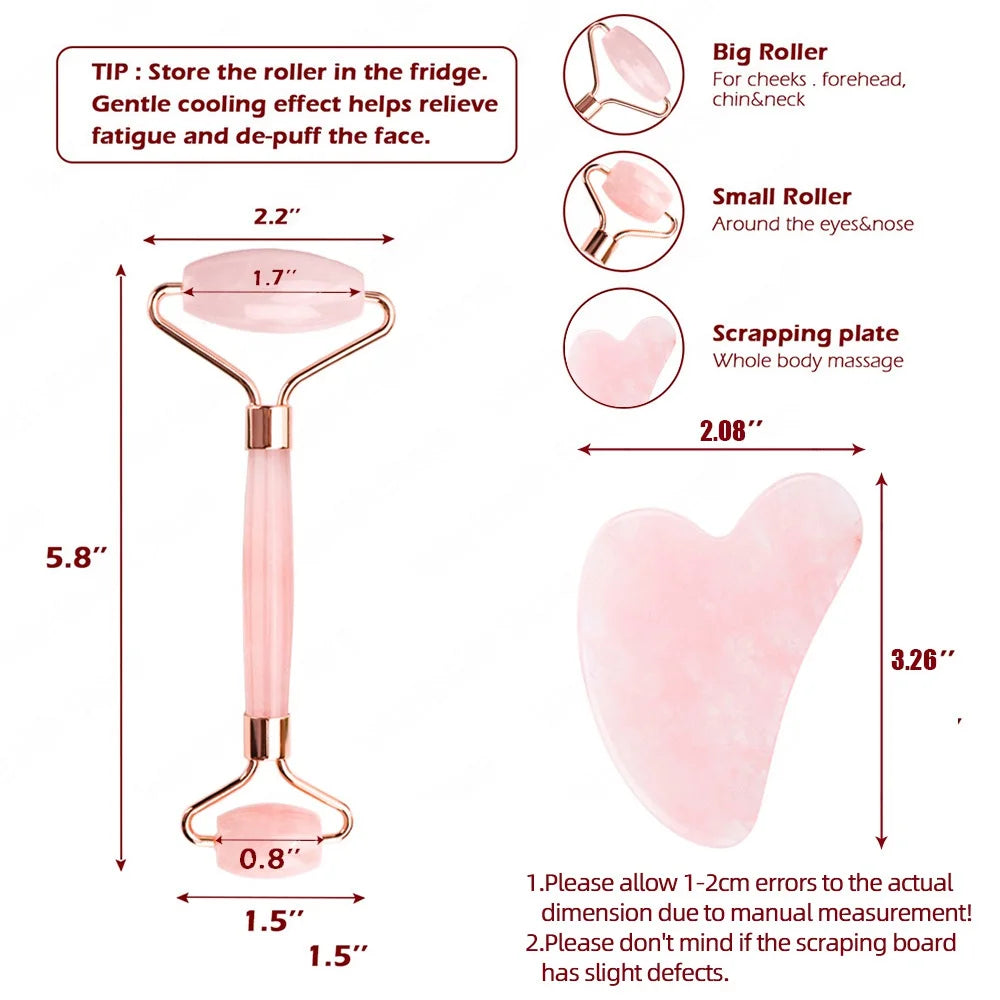 Set Gua Sha y Rodillo Facial — Cuarzo Rosa y Jade Natural con Bolsa de Regalo