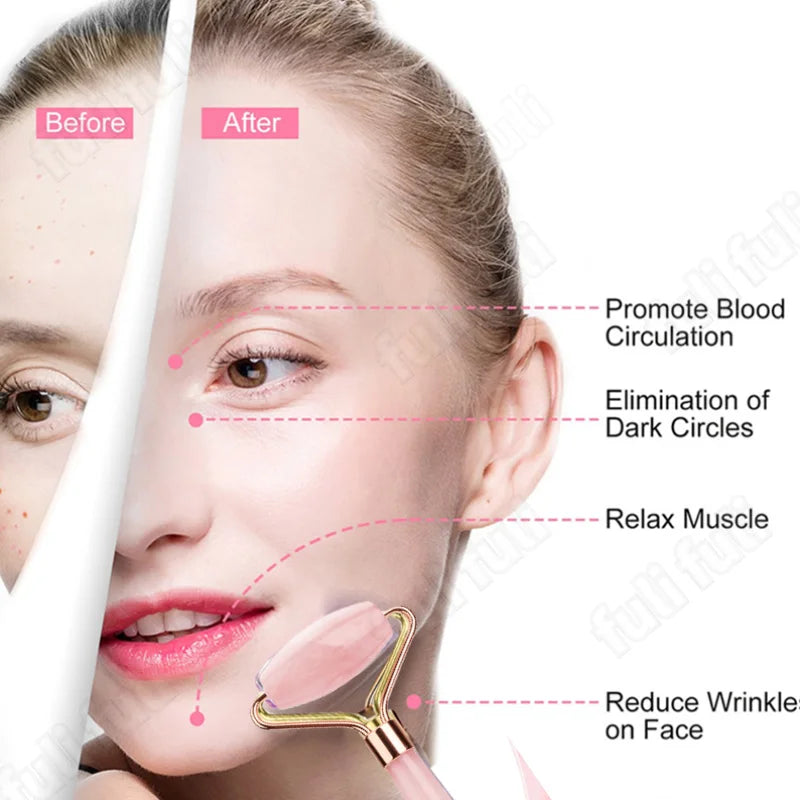 Set Gua Sha y Rodillo Facial — Cuarzo Rosa y Jade Natural con Bolsa de Regalo