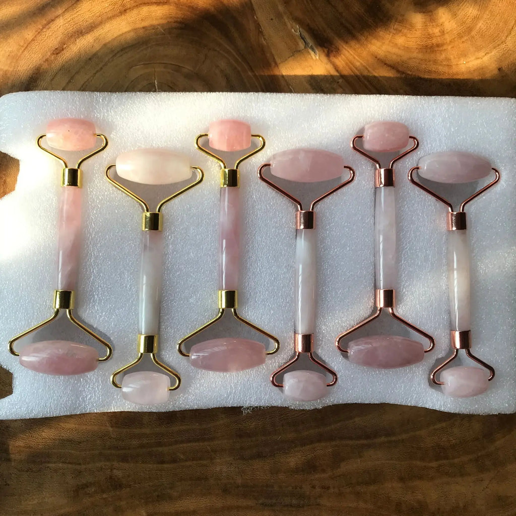Set Gua Sha y Rodillo Facial — Cuarzo Rosa y Jade Natural con Bolsa de Regalo