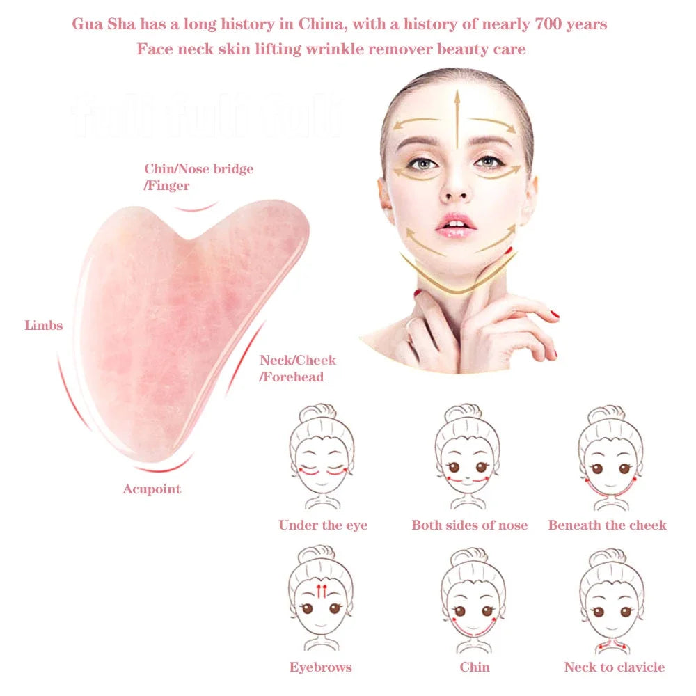 Set Gua Sha y Rodillo Facial — Cuarzo Rosa y Jade Natural con Bolsa de Regalo
