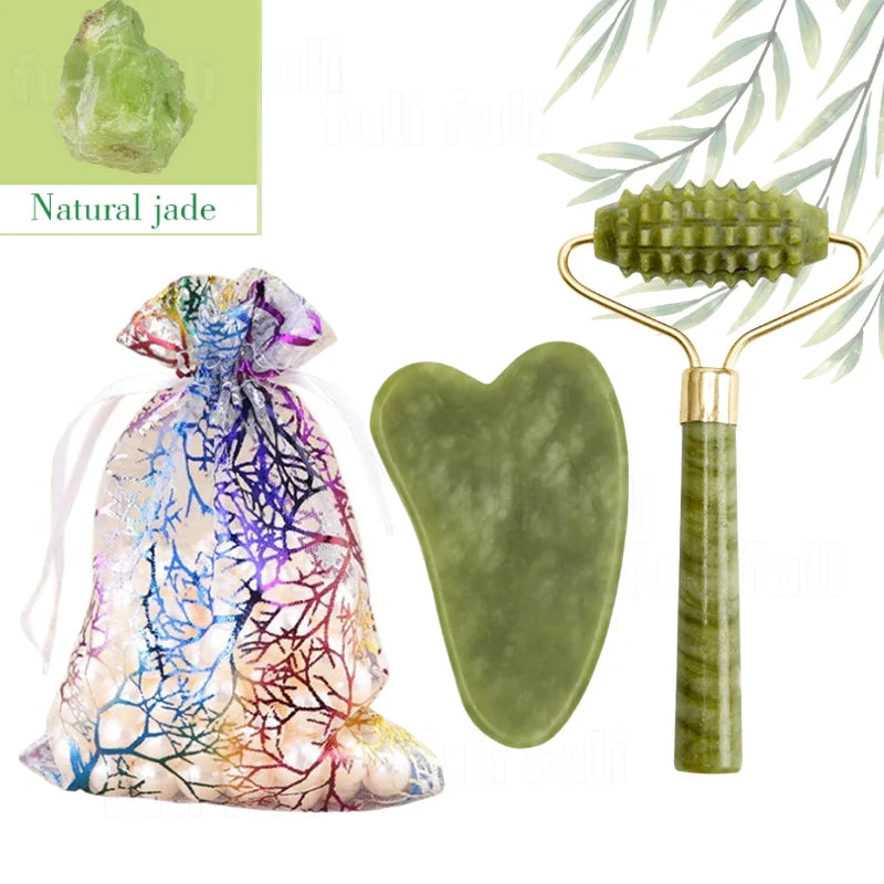Set Gua Sha y Rodillo Facial — Cuarzo Rosa y Jade Natural con Bolsa de Regalo