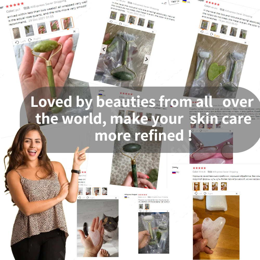 Set Gua Sha y Rodillo Facial — Cuarzo Rosa y Jade Natural con Bolsa de Regalo