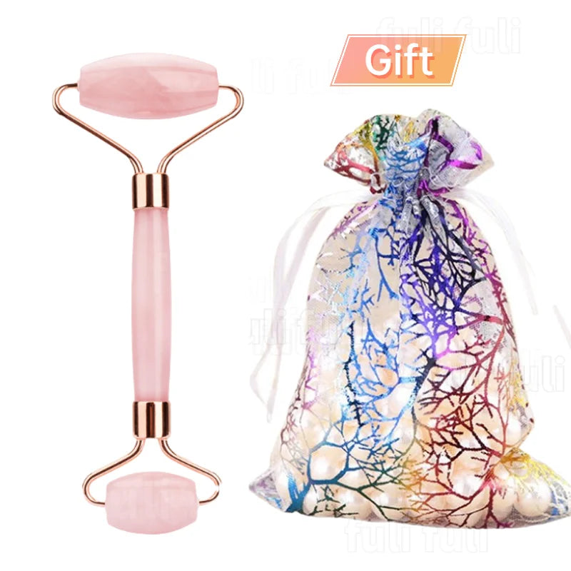Set Gua Sha y Rodillo Facial — Cuarzo Rosa y Jade Natural con Bolsa de Regalo